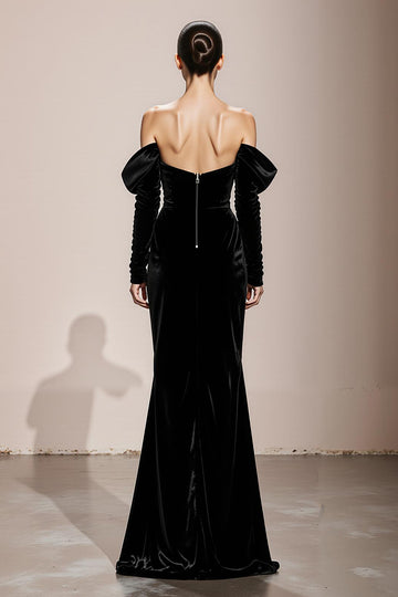 Mermaid Black Strapless Velvet Long Military Ball Dresses with Sleeves